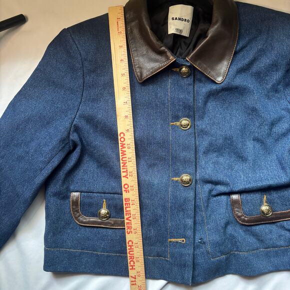 Sandro Denim Jacket with Leather Collar - Picture 11 of 16